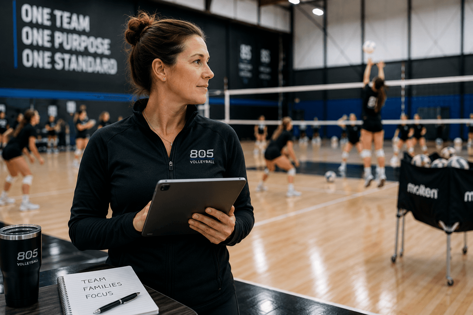 Club director watching practice while managing club operations from a tablet